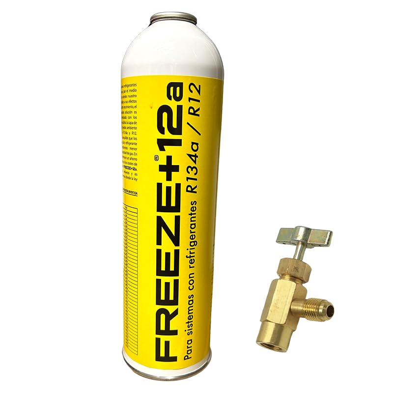 All4sale   Envase Freeze +12A + Válvula Gas Refrigerante Orgánico Ecológico, compatible con R134A R12, Envase Desechable 1000ml, peso NETO 420g para sistemas de aire acondicionado de automóviles