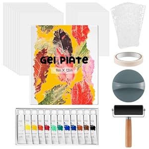 Faccito 9” x 12” Gel Printing Plate Kit, Complete Printmaking Set with Gelatin Plate, Brayer, Printmaking Paper, Acrylic Paint and Essential Tools for Mixed Media Art, Monoprinting, Card Making