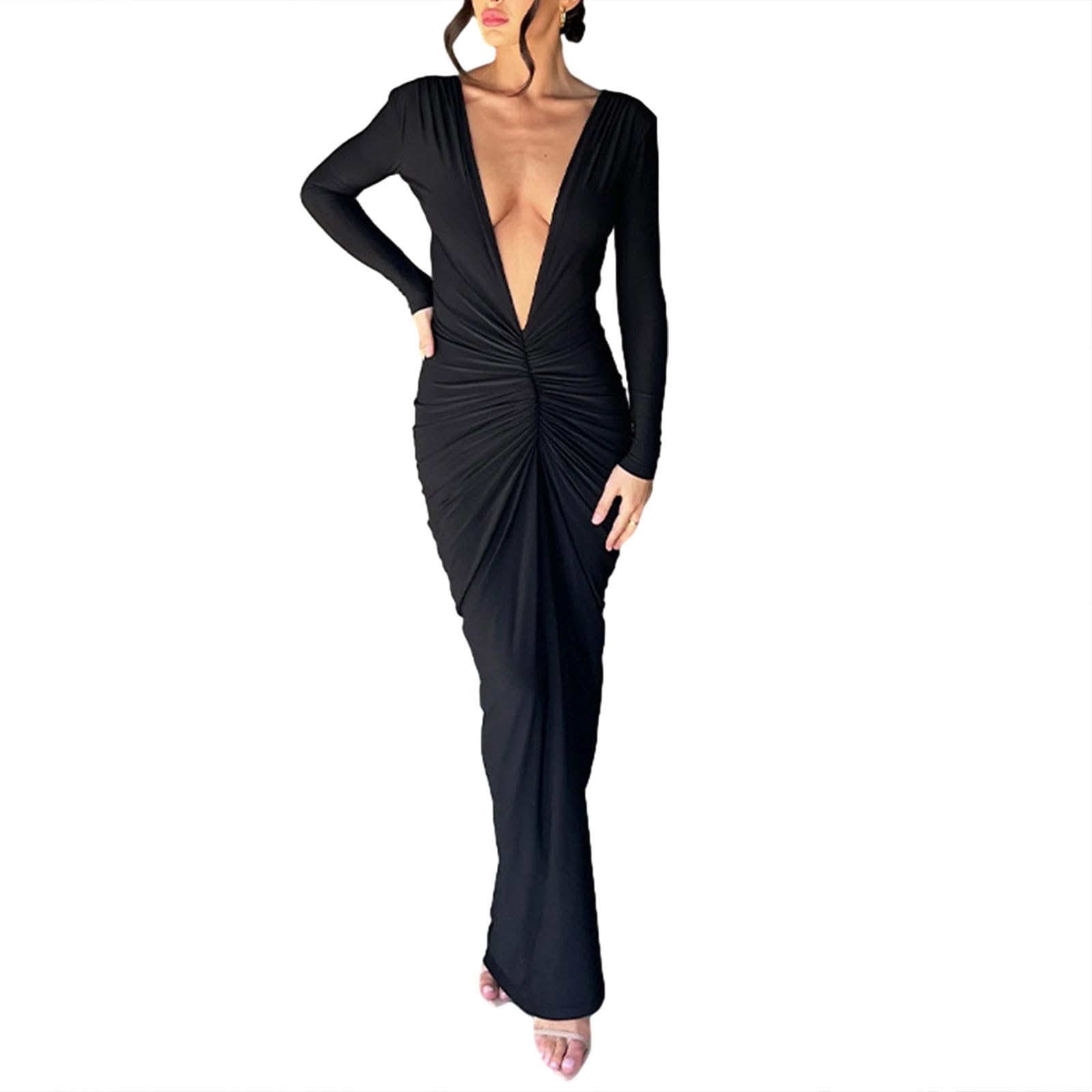 Loalirando Vestido Elegante de Mujer Maxi Vestido Ajustado de Cuello en V Profundo Vestido Largo Sexy de Fiesta con Manga Larga para Mujer Dress Bodycon Slim Fit de Ceremonia Cóctel