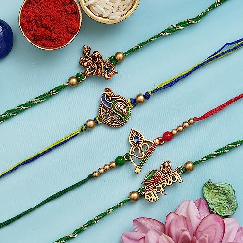 Image of eCraftIndia Red, Blue & Golden Designer Peacock Rakhi with Roli Chawal Pack - Rakhi for Brother