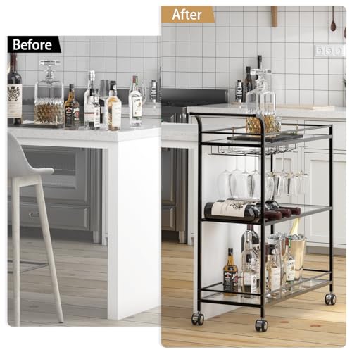 Image of Black Bar Cart, Home Bar Serving Cart with Handle, Wine Cart with 3-Tier Glass Shelves, Beverage Cart with Wine Rack and Glass Holder, Bar Carts for The Home, Dining Room, Living Room