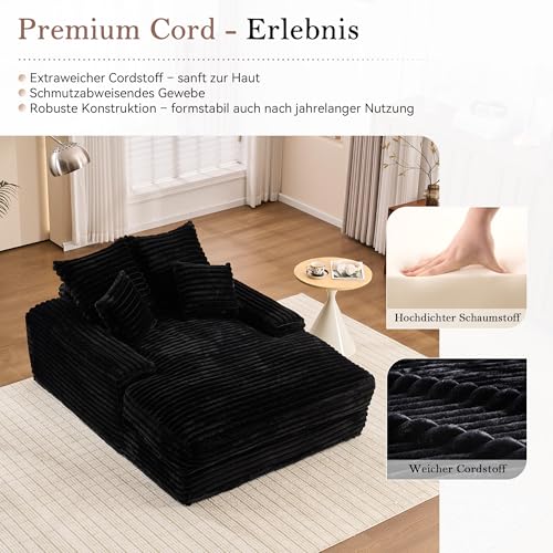 Yihomfy Cord Samt Lounge Sofa, 137x175 cm, Daybed & Lounger für Wohnzimmer, 2-Sitzer Couch, Extra Bequemes Sofa zum Liegen, Zum Ausstrecken und Entspannen, Schwarz