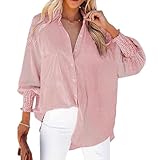 Mid-Length Shirt with Striped Lapel and Oversized Drawdown Sleeves,Long Sleeve V Neck Stripes Button up Casual Blouses for Women (M,Pink)