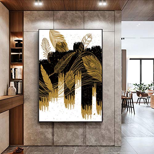 Peinture paon doré abstrait moderne sur toile murale, affiche salon 60x80cm