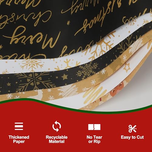 6 Rollen Geschenkpapier Weihnachten,43cm x 3m Geschenkpapier Geburtstag,mit Goldene Zwiebelbandx1, für Geschenkverpackung Weihnachten,Hochzeit,Geburtstag
