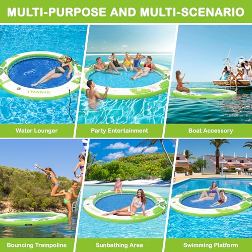 Image of Inflatable Water Hammock Floating Dock 8 FT with Mesh, Tanning Pool Raft Round Ring for Adults, Float Platform for Lake and Beach with Water Ladder and Cup Holder