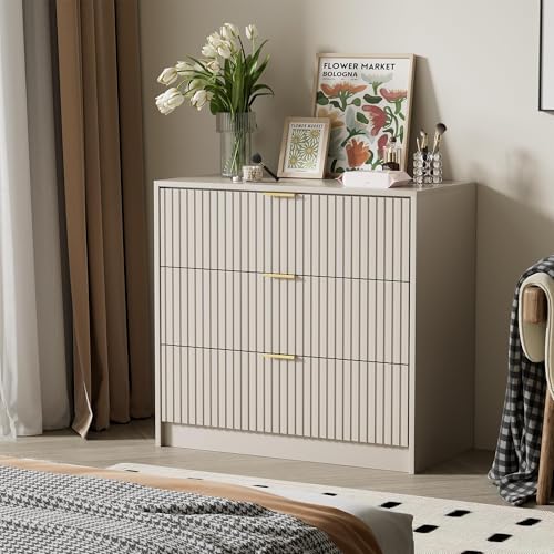 Image of Furniway Beige Dresser Bedroom Set 3 Pieces, Nightstands Sets of 2, 5 Drawer Dresser with Gold Handles for Bedroom