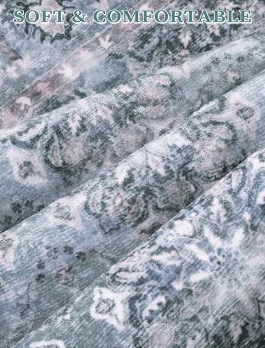SERISSA Boho Washable Runner Rug, 2x6 Rug Non-Slip Vintage Floral Hallway Kitchen Runner Rug Ultra Soft Print Distressed Blue Grey Floor Carpet for Bedroom Bathroom Laundry Room