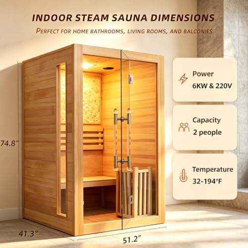 Image of Smartmak Wooden Steam Sauna, 2-Person Indoor Home Sauna, 4.5 Harvia Stove, with Cultural Stone Walls (220V, 194℉)