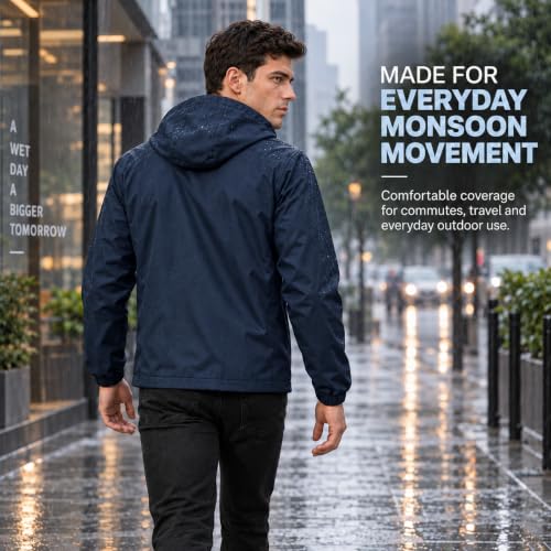 Image of MIA FASHION Men's Hooded Waterproof Rain Jacket Lightweight Wind Resistant Jacket with Zipper Pockets for Bike Riding, Travel & Outdoor Use