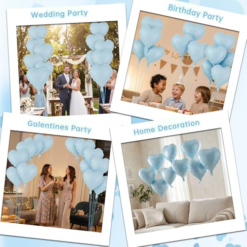 Image of 12 Pcs Light Blue Heart Balloons,18 Inch Heart Foil Balloons Love Balloon Valentine Balloon for Birthday Party Wedding Engagement Party Baby Shower Valentine Day Decorations