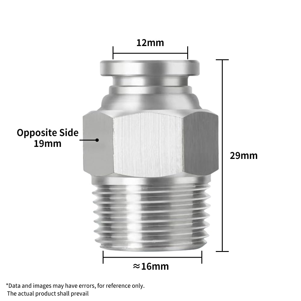NANLACH PNEUMATIC 304 Stainless Steel Male Straight 12mm Tube OD x 3/8 Inch NPT Thread Push to Connect Fittings (Pack of 2)