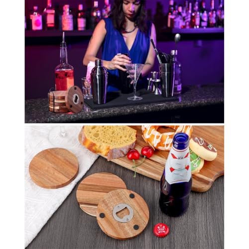Posavasos de madera con soporte metálico y abrebotellas para mesa de restaurante 6