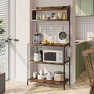 Bestier Kitchen Baker’s Rack Coffee Station Microwave Oven Stand Kitchen Shelf with Hutch 8 Side Hooks Free Standing Utility Storage Shelf for Kitchen Dining Room Living Room