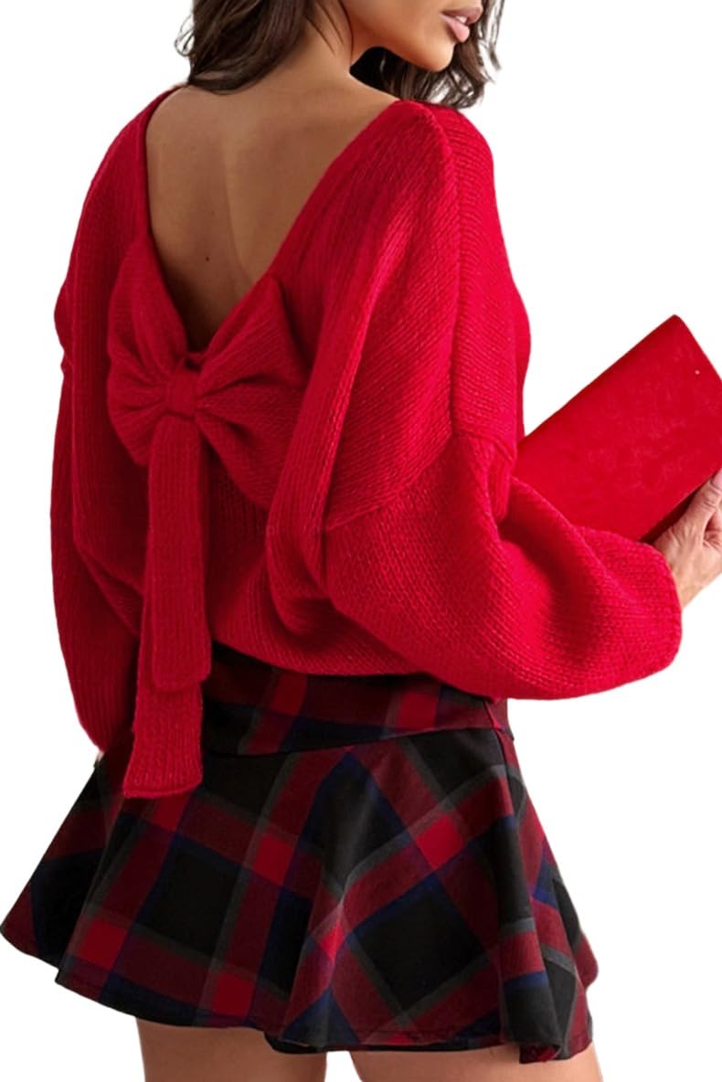 Melliflo Womens Bow Backless Sweater Boat Neck Long Sleeve Solid Pullover Sweaters Casual Loose Fit Ugly Christmas Sweater
