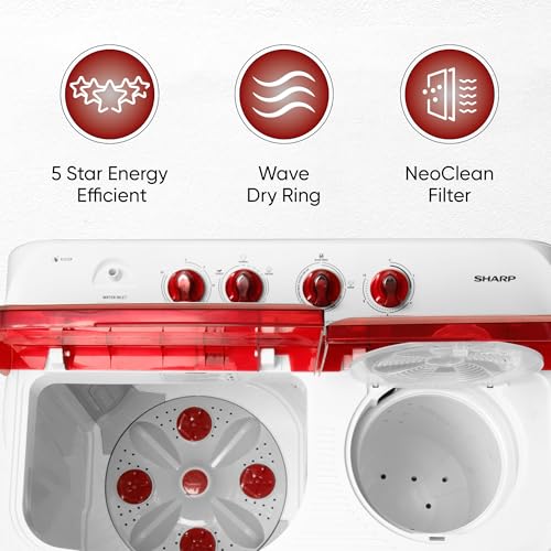 Image of SHARP 9.0 kg, 5 star, Semi-Automatic Top Loading Washing Machine with HydroBlast Wash, Quadroniq Pulsator, 1300 RPM (ES-SD90NB-PR, Ruby Red, Pure Wave)