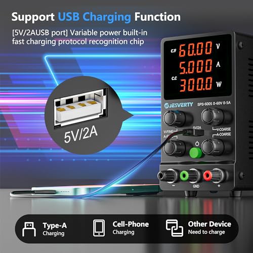 Image of DC Power Supply Variable, 0-60V 0-5A Adjustable Switching DC Regulated Bench Power Supply with High Precision 4-Digit LED Display, 5V /2A USB Port, Coarse and Fine Adjustment SPS-6005
