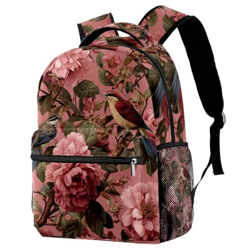 Vintage Pink Floral and Bird Pattern Backpack Cute Bookbag Durable Daypack for Girl Boy