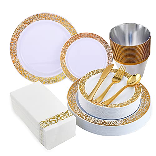 210 Pieces Gold Plastic Dinnerware, Gold Disposable Plates, Includes: 30 Dinner Plates 30 Dessert Plates & 30 Cups &30 Linen Like Gold Paper Napkins & 30 Plastic Silverware Set, Plastic Dinner Plates