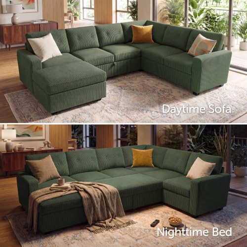 Image of HONBAY Corduroy Sectional Sleeper Sofa with Pull Out Bed, 7 Seaters 106 Inch U Shaped Setional Couch for Living Room, Green