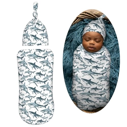 Image of Hand Drawn Sharks Newborn Swaddle Blankets Hat Sets Soft Baby Receiving Blanket Swaddle Sack for Baby Shower Infant Boy Girl Gift