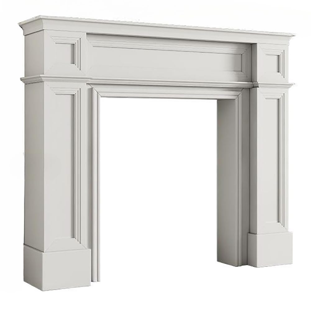 Cornice Decorativa per Camino Vintage in Legno Massello, Cornice per Caminetto, Mobili per Camino, Mensola Portaoggetti, Cornice per Camino, Colore Bianco/Ceppo,A100×28×130cm