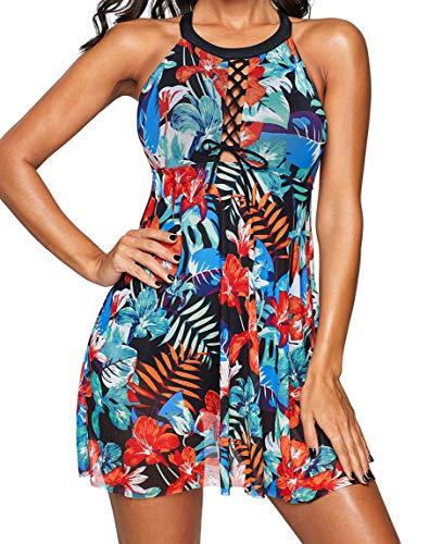 Ocean Plus Damen Bunt Vorne Schnürung Neckholder Rückenfrei Badekleid Hochgeschlossen X-Back Badeanzug Chiffon Tankini Set (EU 34/M, Mehrfarbig)