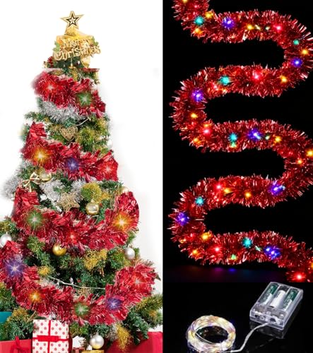 Guirnalda de Oropel Navidad con Luces Multicolores, 5m Espumillon Arbol Navidad, Espumillón de Navidada, Oropel Navidads, Espumillons Decoración para Fiesta Árbol de Navidada