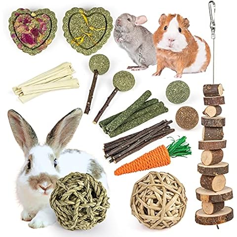 Sofier Rabbit Toys Bunny/Guinea Pig Toys Natural Timothy Hay Hamster Toys for Teeth Handmade Chews and Treats Apple Wood Sticks Chinchilla Rat Cover