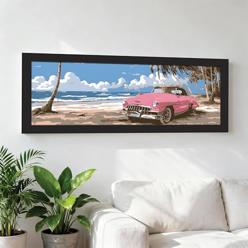 Image of PAINTINGMANTRA Summer Beach View with Vintage Pink Car Wall Art Framed Luxury Paintings for Home Decoration, Living room, Bedroom and Office Decoration (99x38 CM)