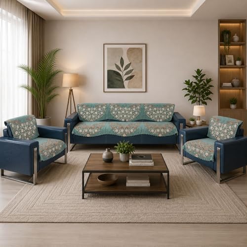 Image of Premium Chenille Woven Anti-Slip 5 Seater Sofa Cover | L-Shape Sofa Seat Protector for Living Room | Durable & Stylish Slipcover - Teal - Phoolkari