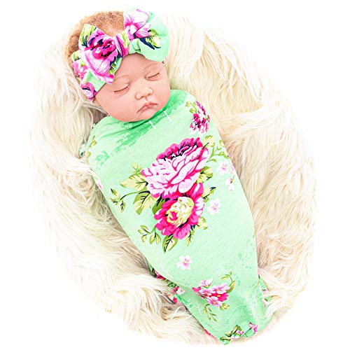 Galabloomer Newborn Receiving Blanket Headband Set Baby Flower Rose Swaddle with Big Bow (Green)