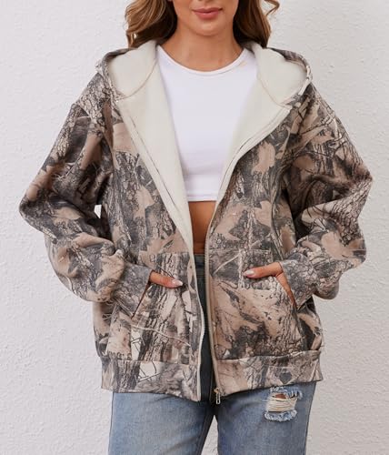 Women Camo Hoodie Oversized Fleece Full Zip Up Sweatshirt Casual Long Sleeve Jackets Trendy Fall Clothes With Pockets4