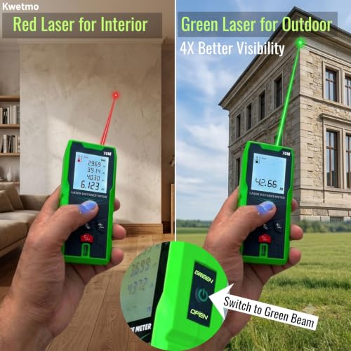 Image of Kwetmo Laser Measuring device-70 Mtr Outdoor, Green-Beam Dual Laser Distance Meter-Digital Distance Measurement Laser Machine, IP54 Waterproof Large LCD Backlit, Pythagorean Mode 70Mtr
