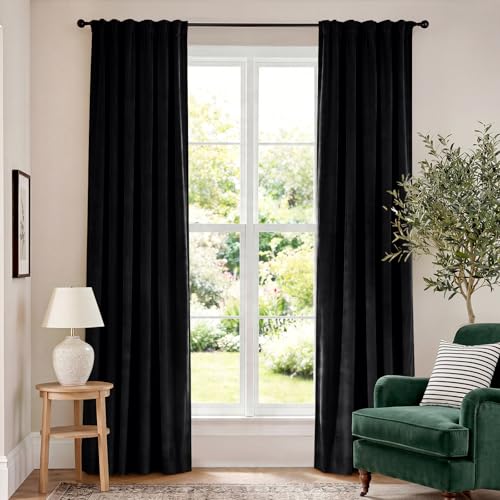 Image of Blackout Black Velvet Curtains Rod Pocket 52x84 Inch 2 Panels | Soft Velvet, For Bedroom & Living Space, Light Shifting Texture, Elegant Drape, Classic
