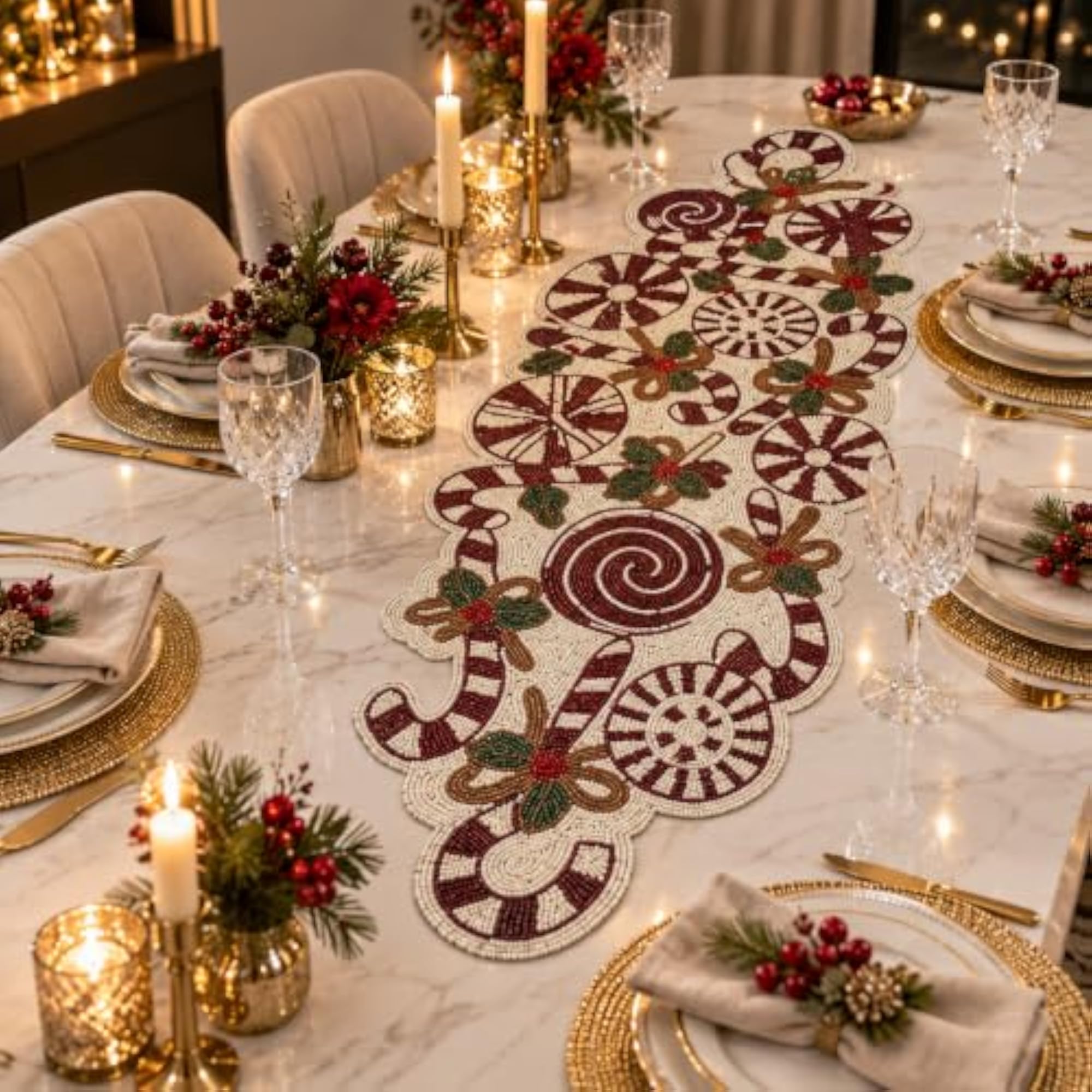 Beaded Table Mat Runner, Multicolor Rectangular Center Table Runner