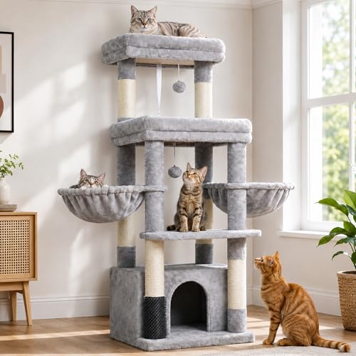 Hey-brother Arbre à Chat, Tour de Jeux pour Chats spécifique pour Les Chats Grands et Les Maine Coon, avec 2 Grandes Plateformes, 2 hamacs, Un Grand Niche Un...