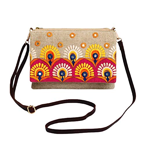 VLiving Boho Sling bag, lino con bordado de patrón folk, marroquí, 22,8 x 18,8 cm con 1,5 m de largo correa desmontable Cover