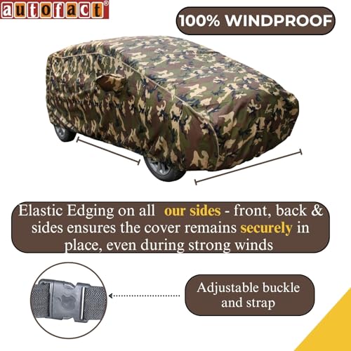 Image of Autofact 100% Waterproof Car Body Cover Compatible with Maruti Ritz (2009 to 2017), with Mirror Pockets, 4 x 4 American Matty, Long Lasting Strong Durable Material, Camouflage Army Look