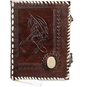 Wellbourne leder gebonden handgemaakte notebook A6 reliëf met draak maan met edelsteen reisdagboek na te denken blanco…