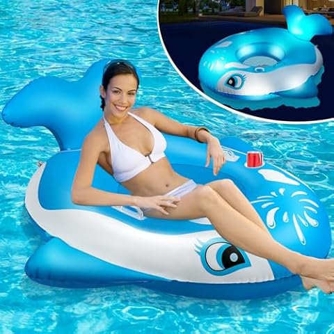 DeeprBlu Whale Inflatable Pool Float Chairs with Light, Solar Powered Large Animal Pool Float Water Floats for Adults, Floating Pool Chair with Cup Holder, Pool Float Lounger Pool Floaties for Adults Cover