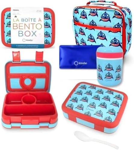 Image of Bento Lunch Box with Thermo Set for Small Kids Boys, 4 Divided Compartment Bento-Box, Insulated Lunch Bag, Stainless Steel Food Jar, Ice Pack, Spork, BPA Free, Cute Baby Blue Shark