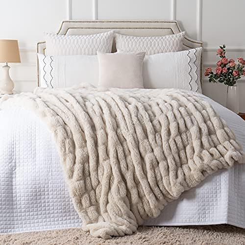 Luxury Concepts Soft Faux Rabbit Fur Throw Blanket - 50" x 60", Elegant Ruched Design Blanket, Machine Washable and Wrinkle Resistant, Lightweight Beige Throw Blanket for Couch, Sofa and Bed