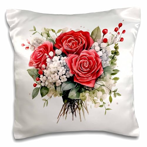 16x16 inch Pillow Case - Pretty Red Roses and Baby Breath Flower Illustration Illustrations