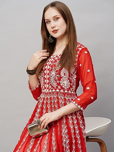 Image of ANNI Designer Women's Georgette Regular Fit Anarkali Chikankari Embroidered Calf Length Kurta Dress