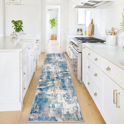 KOZYFLY Modern Abstract Rug Runner, 2x8, Blue, Low Pile, Machine Washable, Non-Slip, Recycled Fiber, Area Rug for Hallway, Kitchen, Bathroom, Bedroom