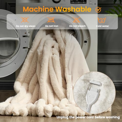 Manta eléctrica Cozy Bliss de piel sintética rayada 50"x60", calentamiento rápido, 8 niveles de calor y 8 configuraciones de temporizador con apagado automático, protección contra sobrecalentamiento, certificada ETL, lavable a máquina, crema blanca miniatura 7