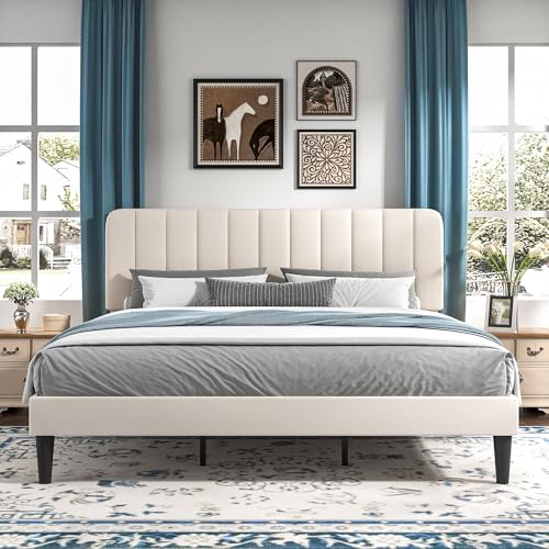 Image of VECELO King Size Bed Frame with Upholstered Headboard, Velvet Platform Bedframe Mattress Foundation, Strong Wood Slat Support, No Box Spring Needed,Velvet Beige