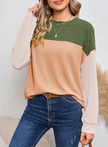 Image of Dokotoo Womens Tops Fashion 2026 Color Block Long Sleeve Shirts for Women Crewneck Knitted Casual Loose Blouses