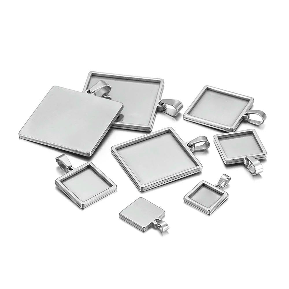 TPIONEER 5Pcs Stainless Steel 10 15 20 25 30mm Square Cabochon Cameo Base Tray Bezel Blank Setting Supplies for Jewelry Making Pendant
